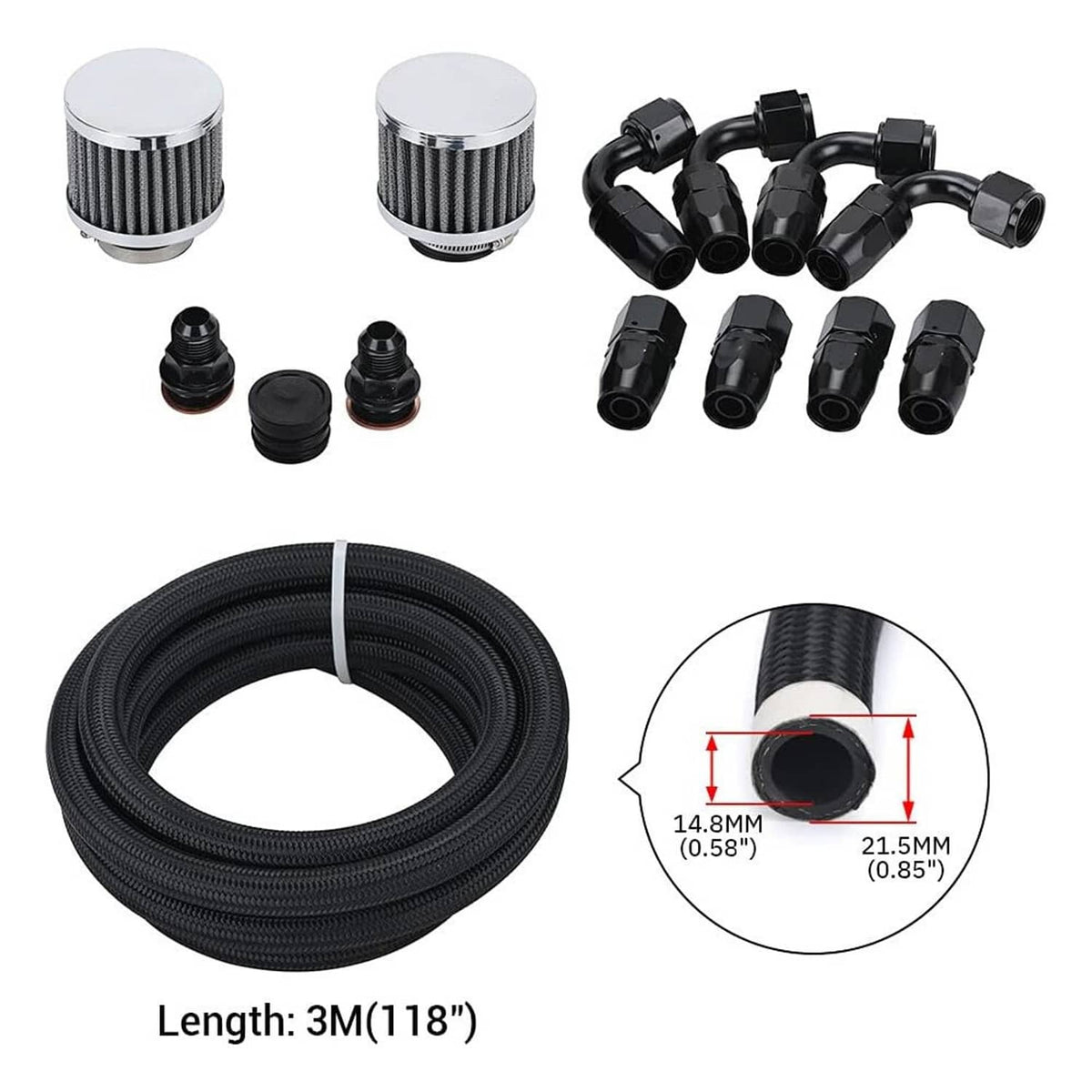 Oil catch can parts kit with black braided hose and AN fittings, includes measurements