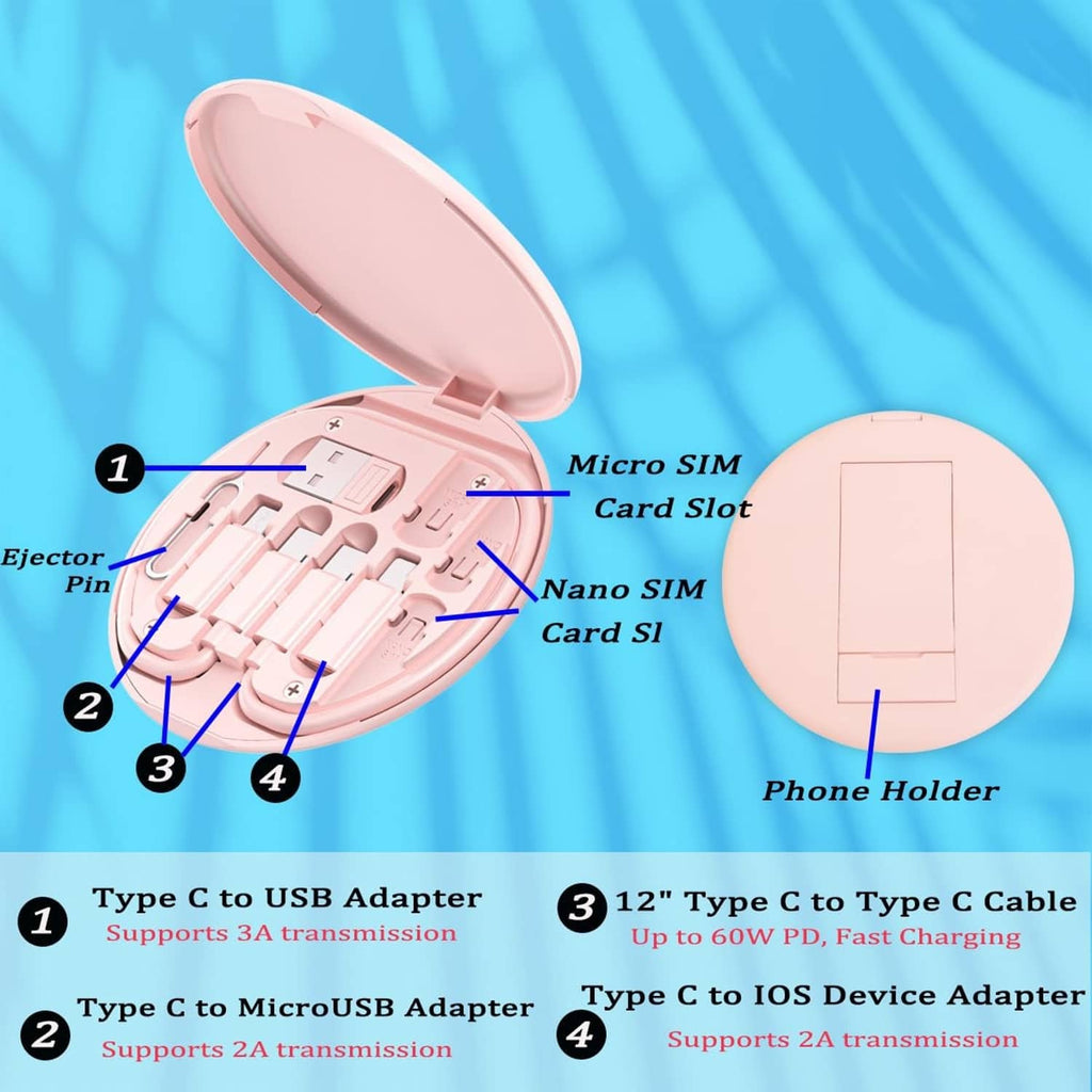 Pink charging adapter kit showing micro SIM and phone holder compartments inside case