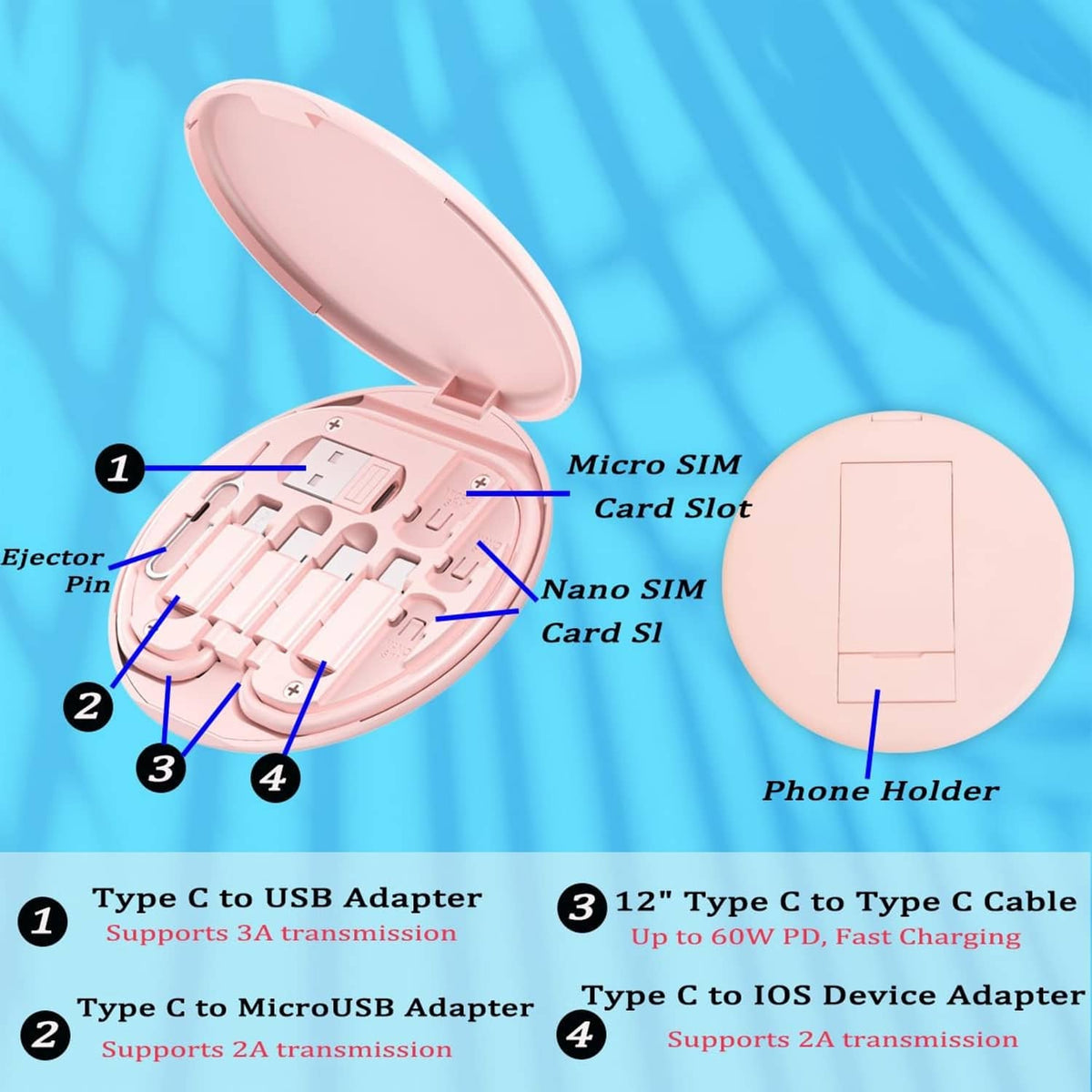 Pink charging adapter kit showing micro SIM and phone holder compartments inside case