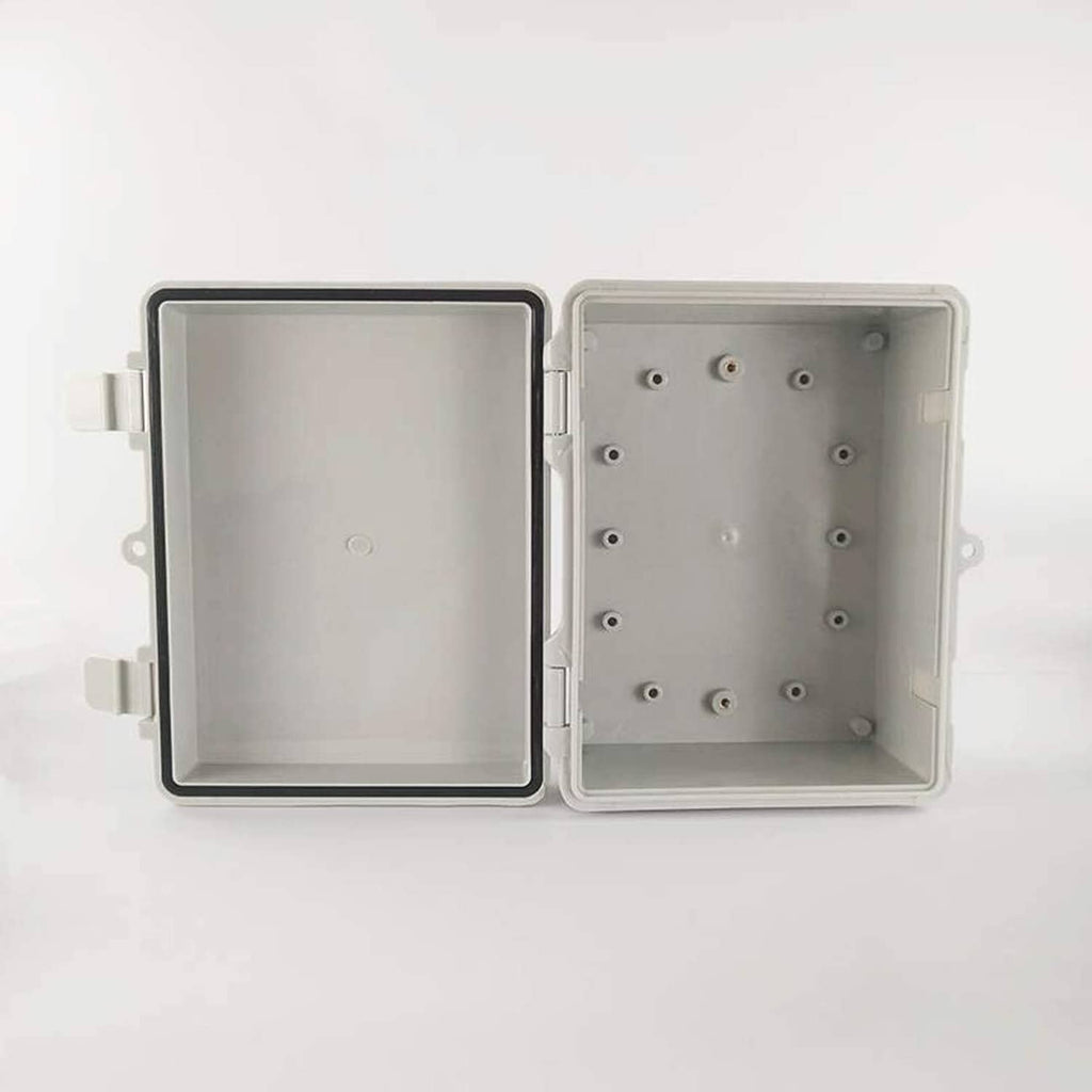 Grey waterproof electrical box open, showing interior mounting plate and attachment holes