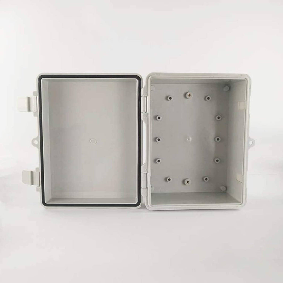Grey waterproof electrical box open, showing interior mounting plate and attachment holes