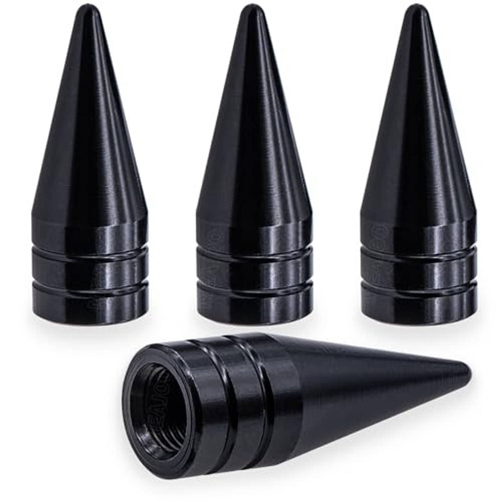 Black spiked valve stem caps, four aluminum cone caps with ridged ring