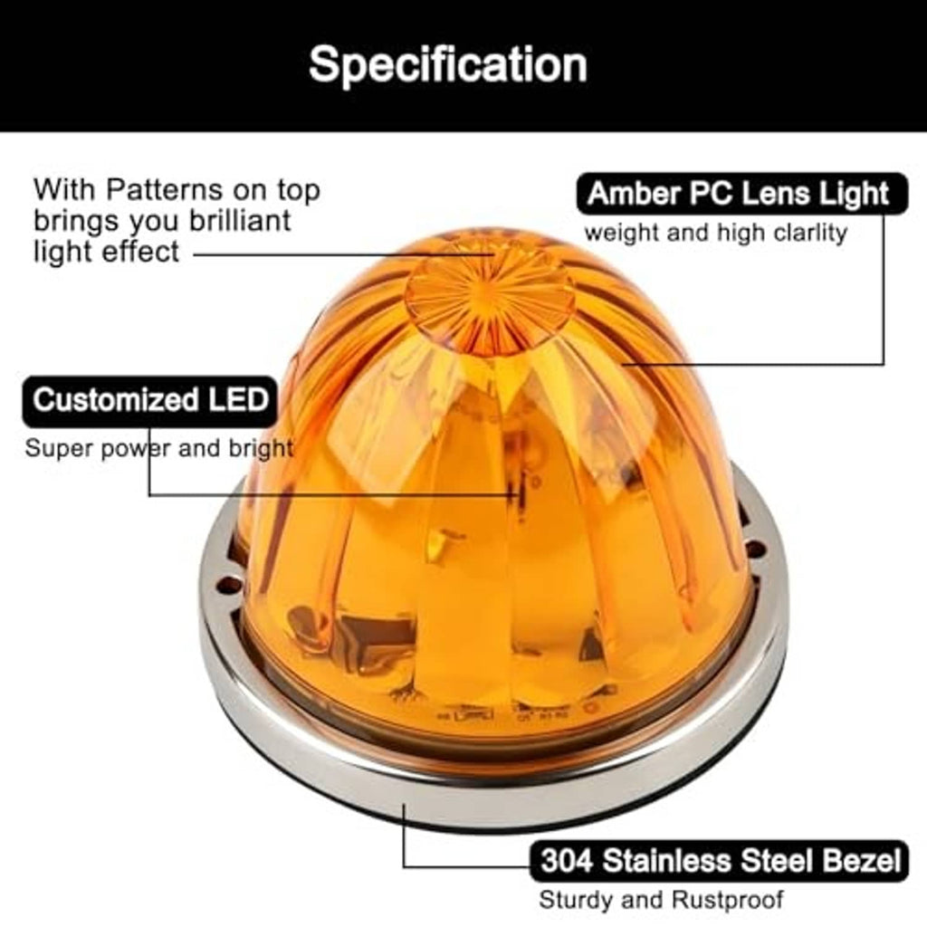 Amber LED marker light with patterned clear dome and chrome mounting base
