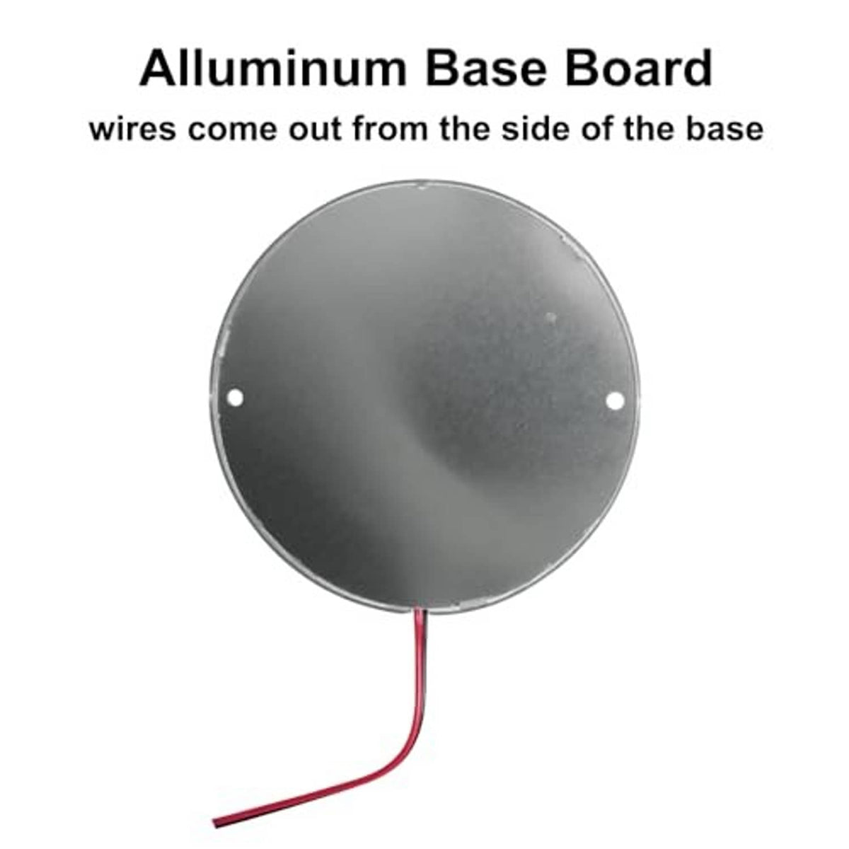 4-inch round LED dome light back plate with two holes and red wire leads