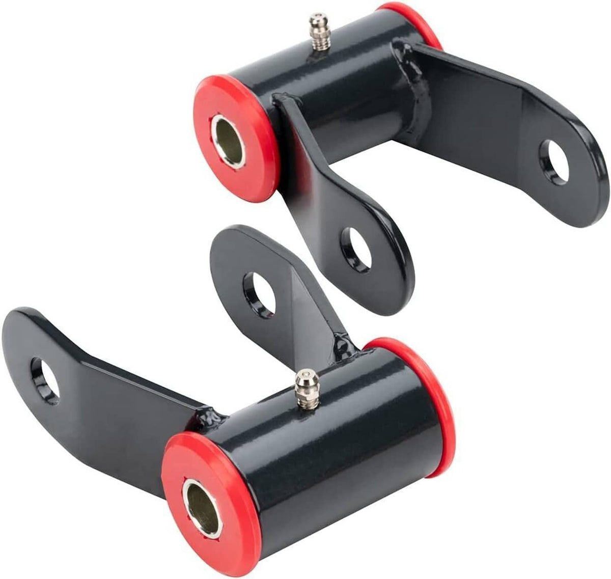 Rear lift shackle set with black steel arms and red lift bushings, includes bolts