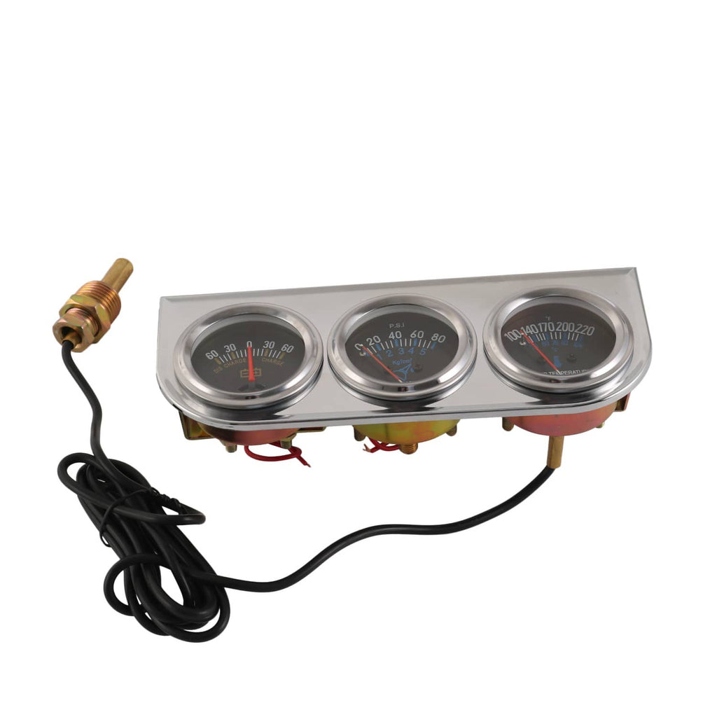 Triple car gauge set underside view with three meters and connected wiring