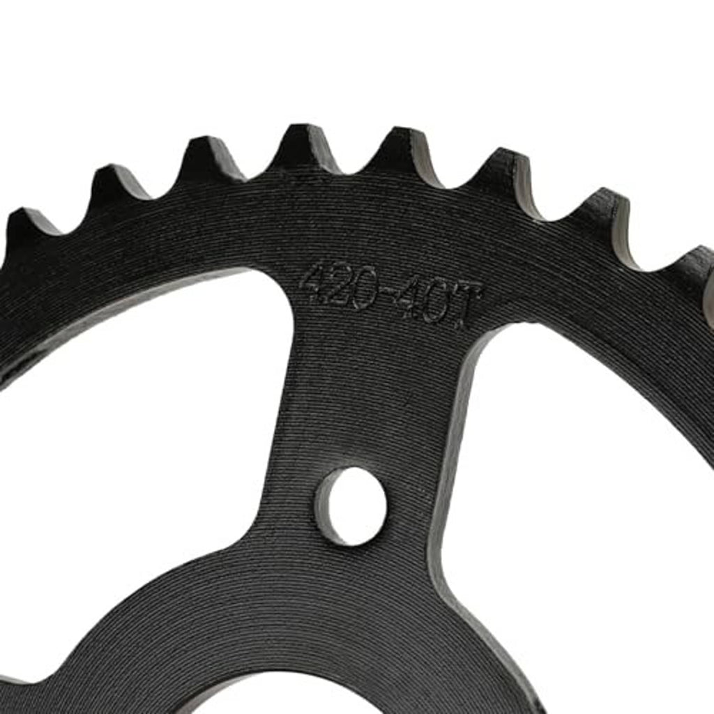 Black 40T mini bike sprocket close-up showing embossed tooth count text