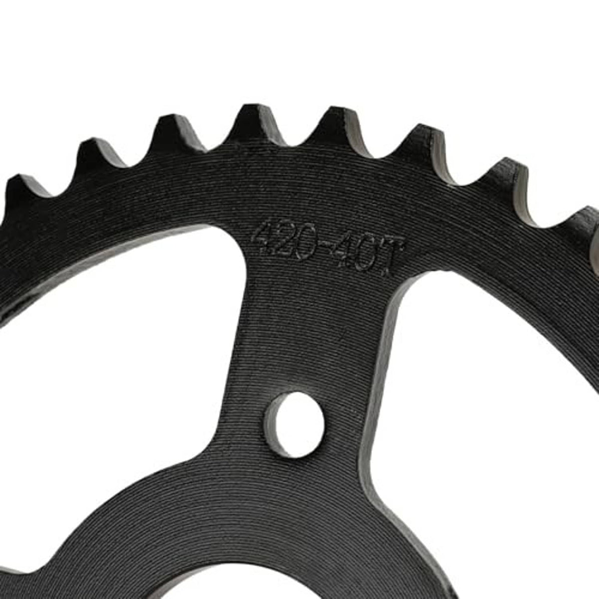 Black 40T mini bike sprocket close-up showing embossed tooth count text