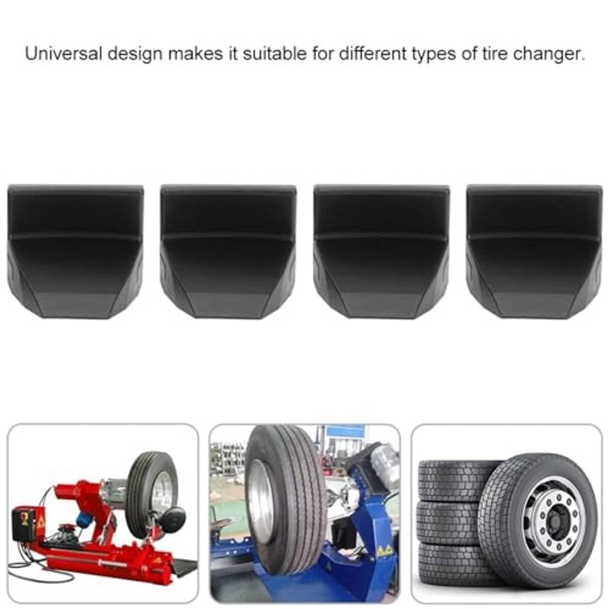 Four black tire changer jaw protectors with curved contact surfaces