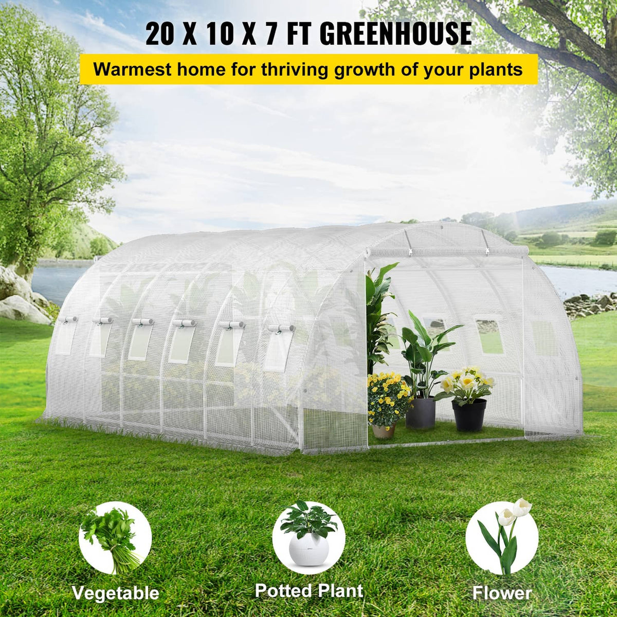 Walk-in tunnel greenhouse with white cover on galvanized frame, side with potted plants