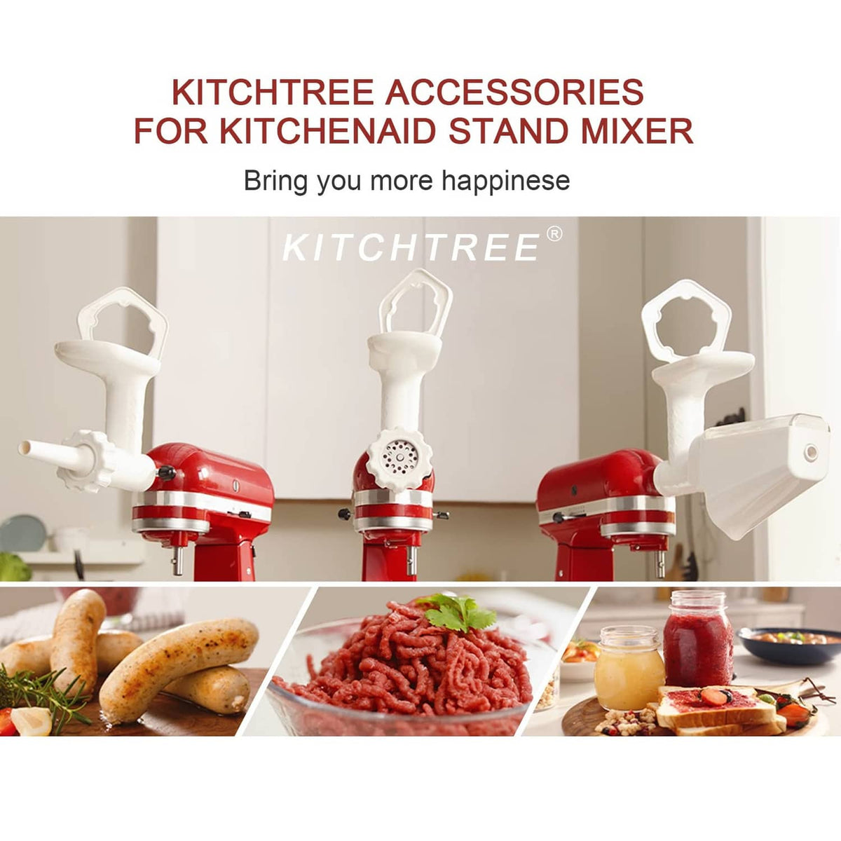 White strainer attachment set displayed on a red stand mixer head.