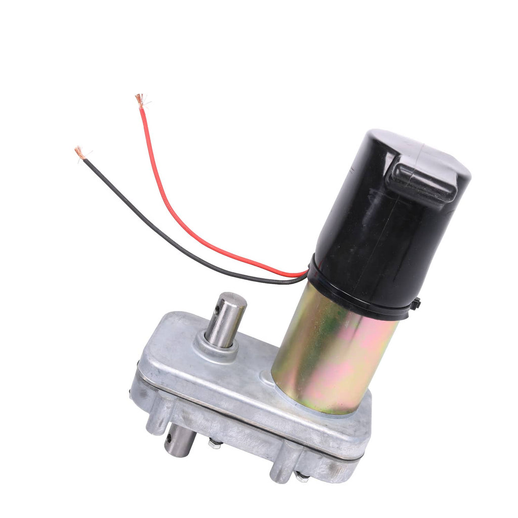 RV slide-out motor with black cap, metallic body, and two-wire electrical lead