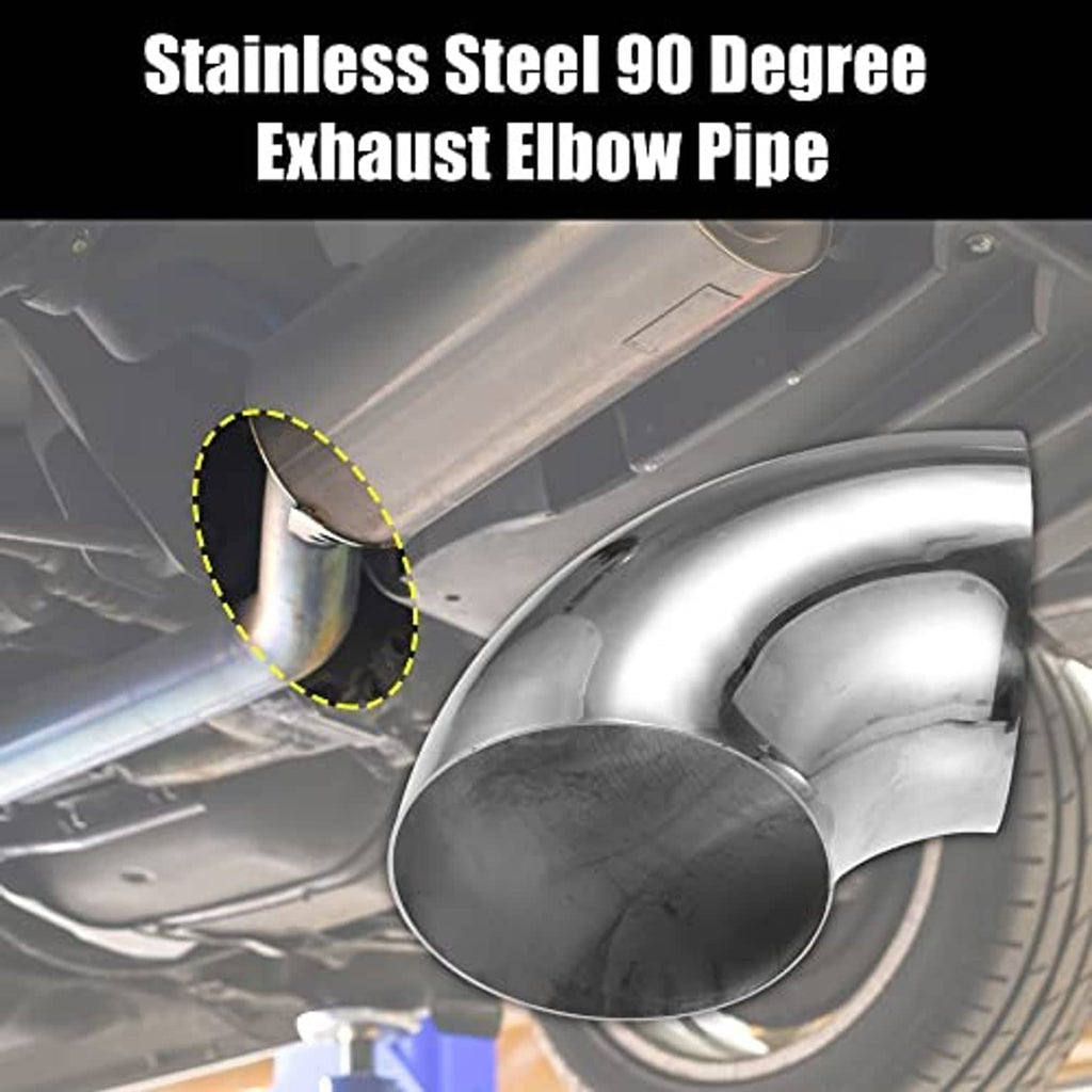 Stainless steel 90-degree exhaust elbow pipe with large round outlet, underside view