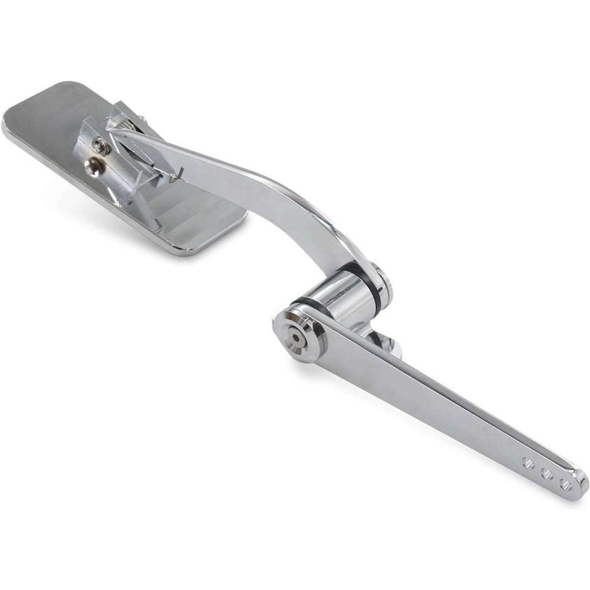 Polished aluminum throttle pedal with black ribbed foot pad and side mounting hardware