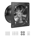 Wall-mounted ventilation fan with black square faceplate and round metal grille