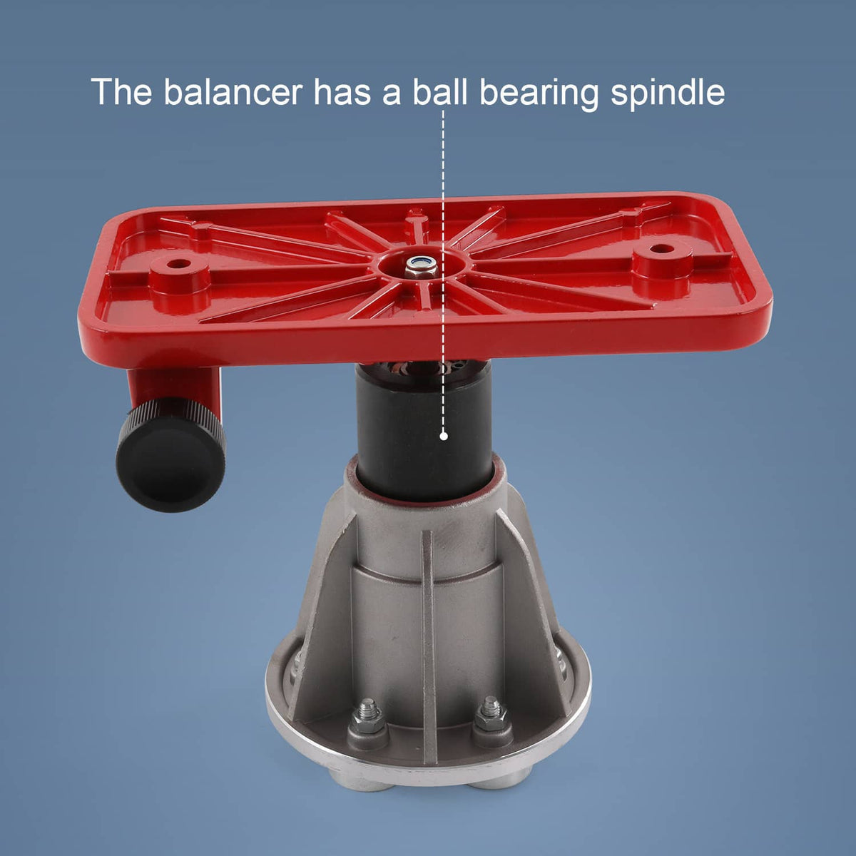 Magnetic blade balancer with ball-bearing spindle and red base platform with adjustment knob