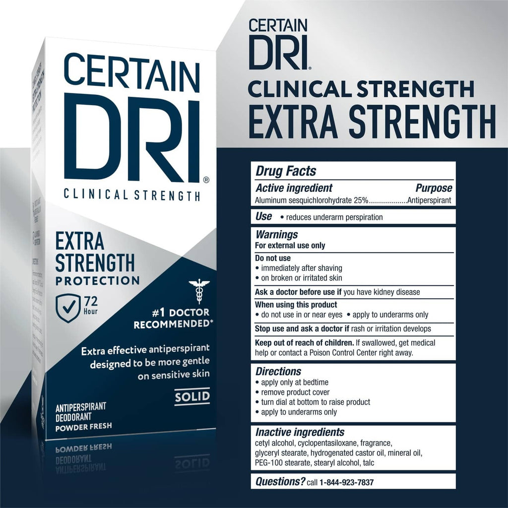 Solid clinical strength extra strength antiperspirant package with drug facts panel, two views