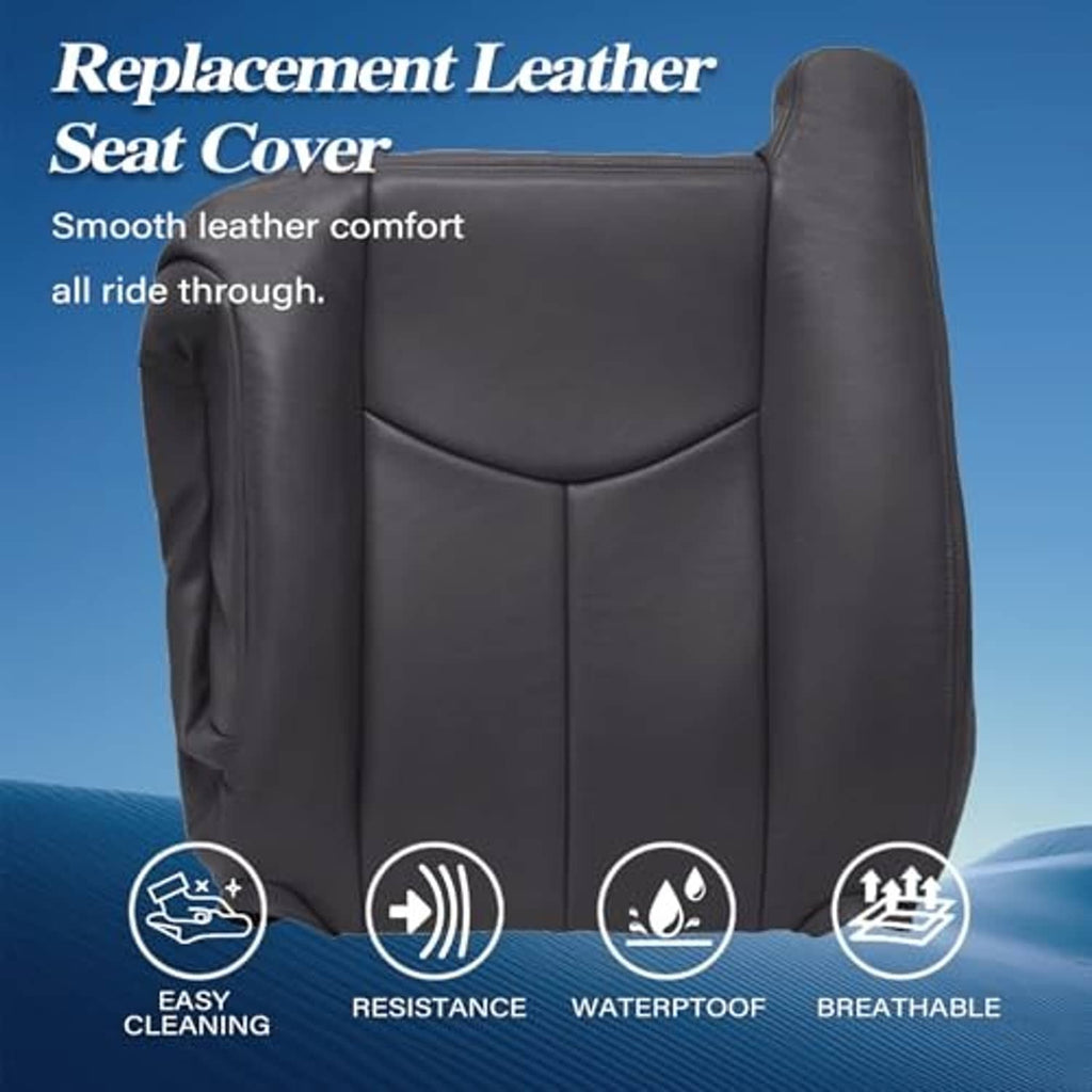 Dark gray leather replacement seat cover, smooth contoured cushion with side bolsters
