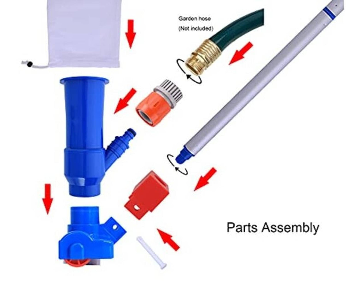 Pool jet vacuum parts assembly: blue base, connectors, and white vacuum head