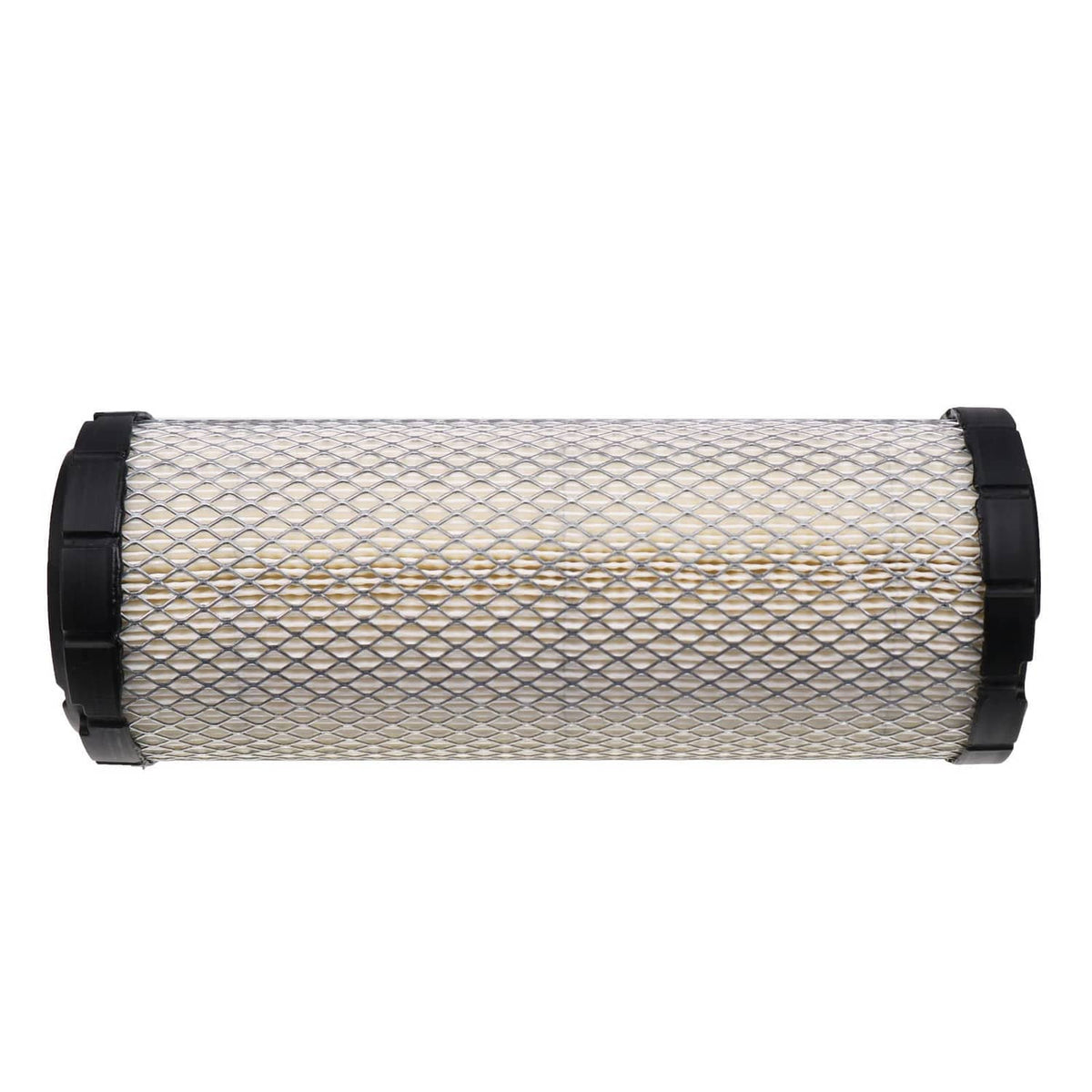 Horizontal cylindrical air filter cartridge with white mesh and black mounting rings