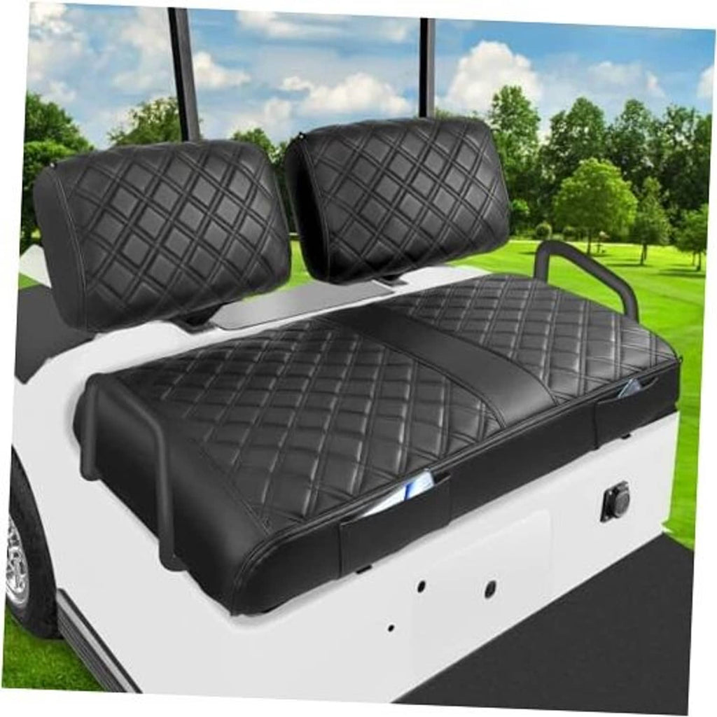 Black quilted golf cart seat cover with two headrests, diamond grid pattern