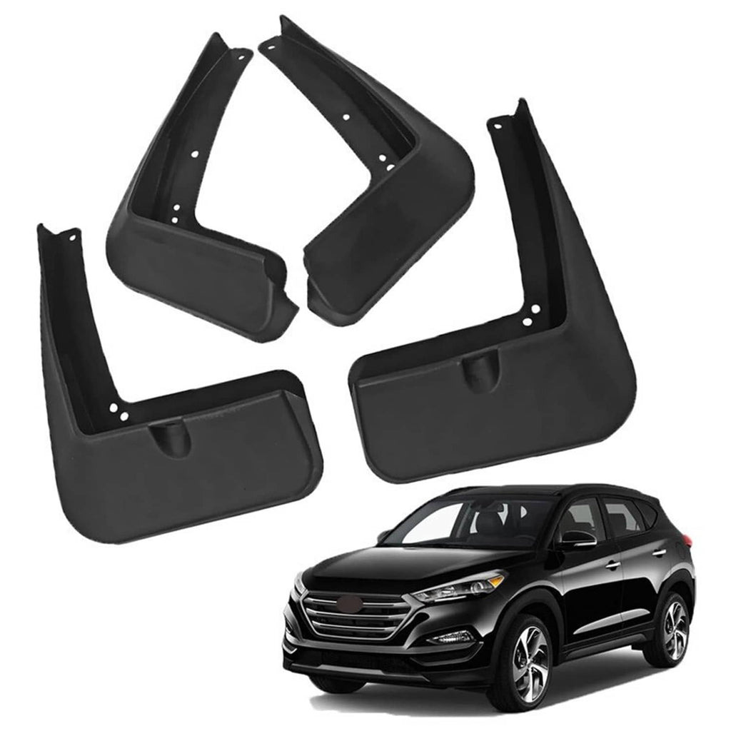 Black front and rear mud flap set with mounting holes, shown with vehicle