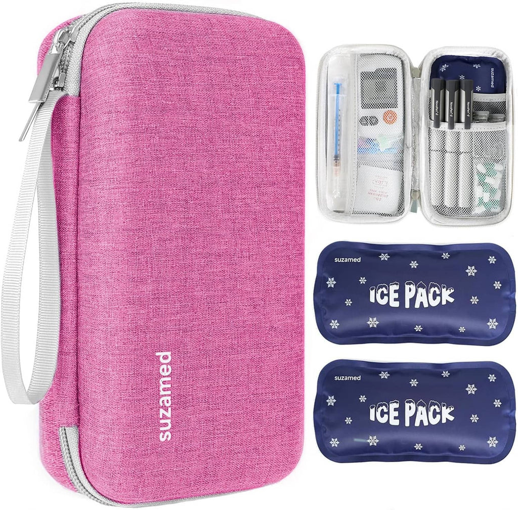 Pink insulin cooler travel case with silver zipper and wrist strap