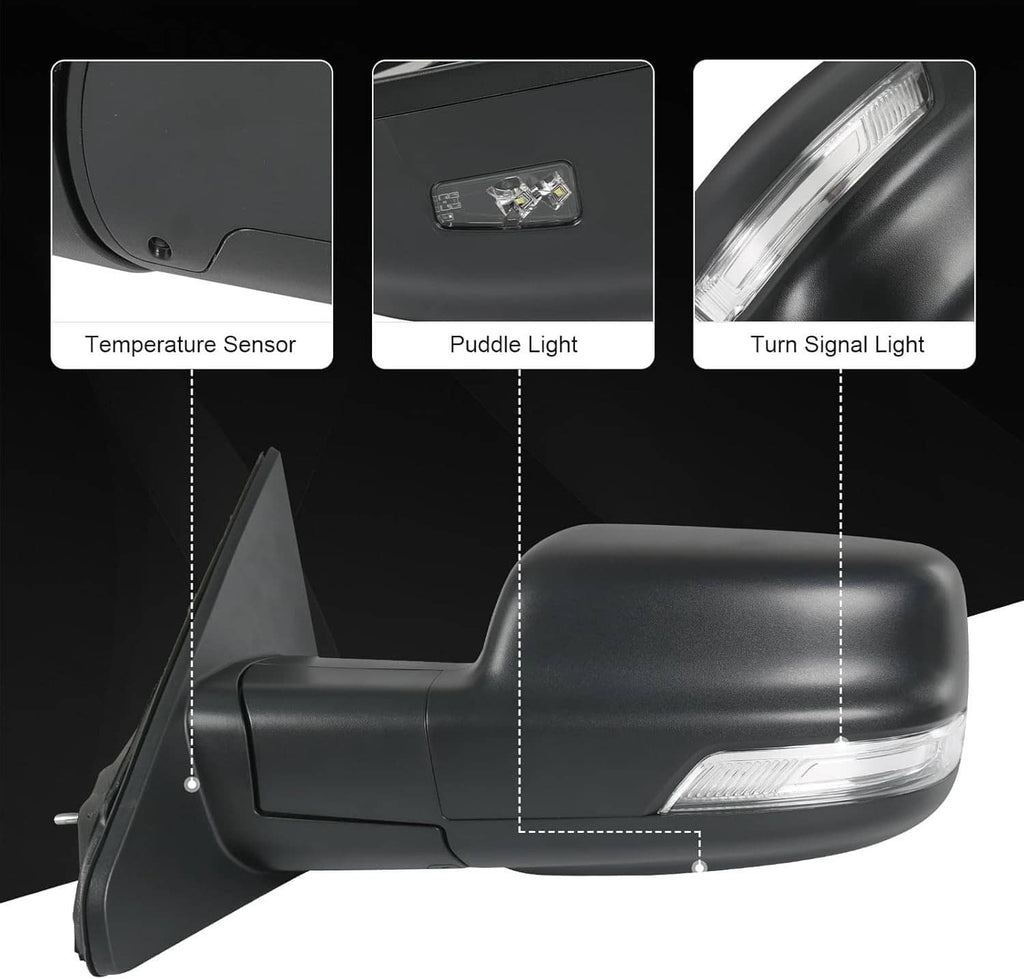 Black heated mirror pair detail view: temperature sensor, puddle light, turn-signal lamp