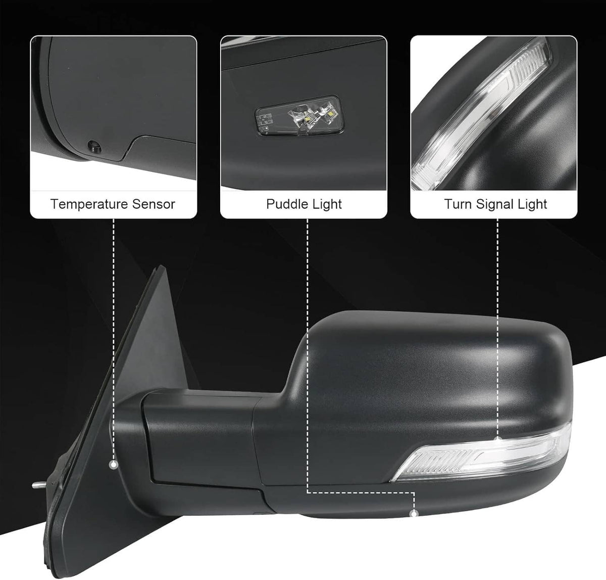 Black heated mirror pair detail view: temperature sensor, puddle light, turn-signal lamp