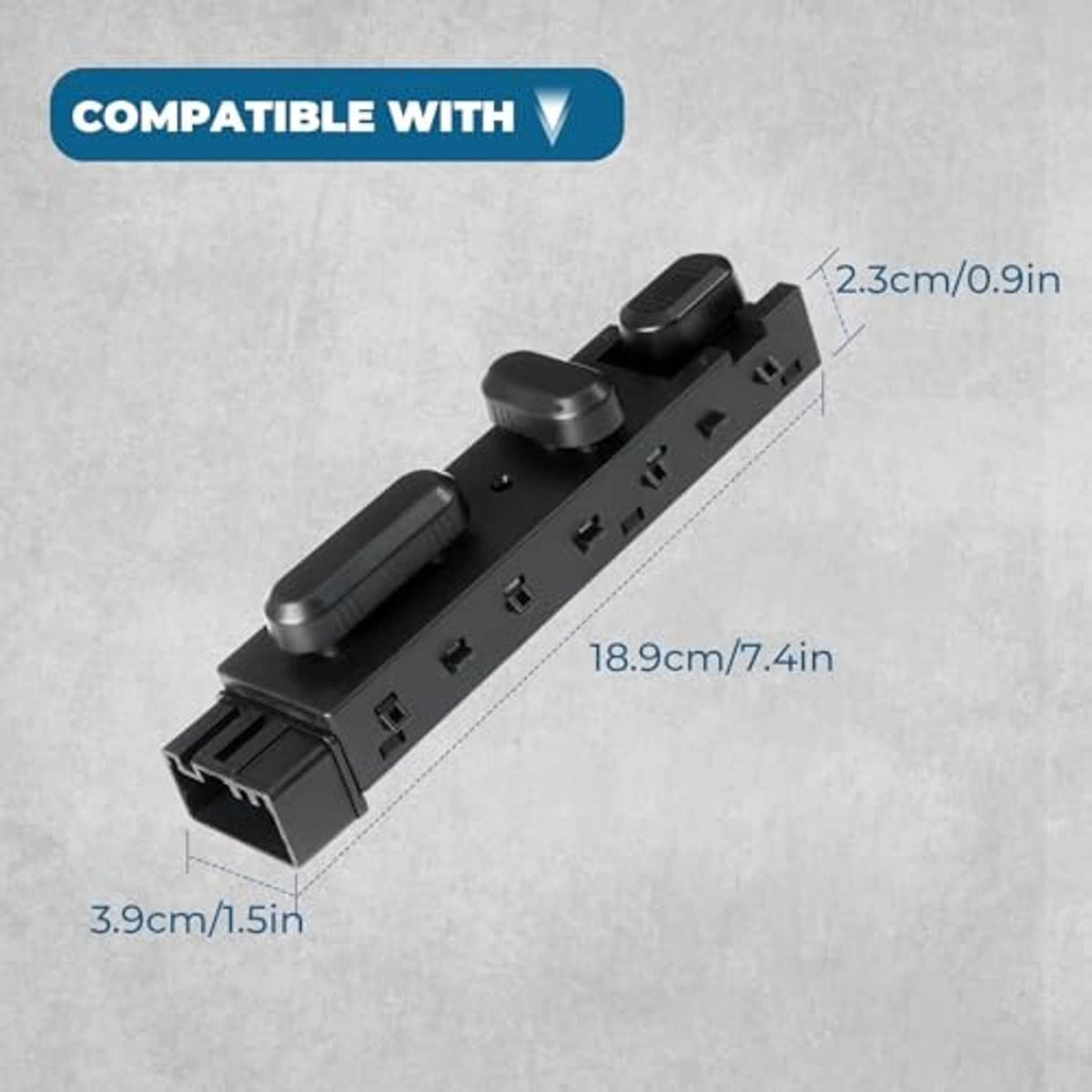 Black power seat control switch module with side ports and length measurement marked