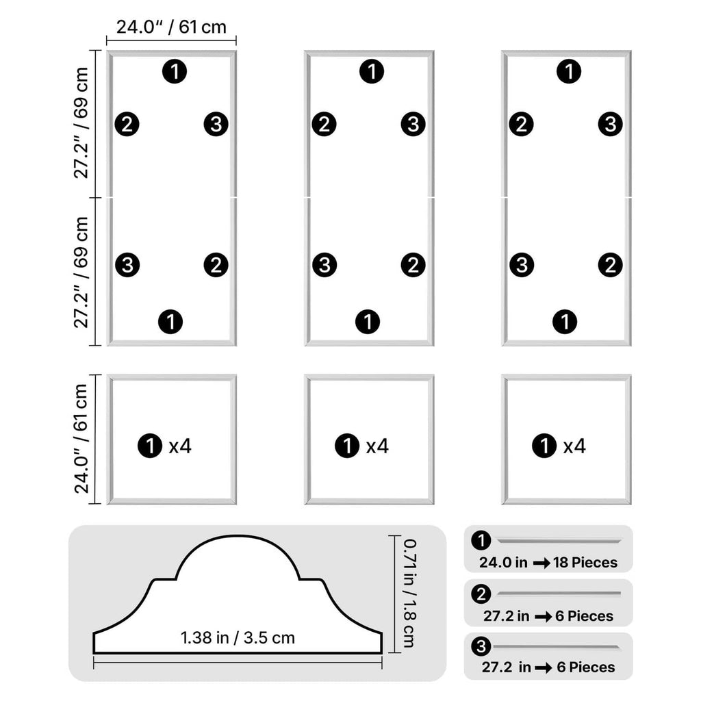 Wall molding 3-set measurement graphic showing tall frames and square pieces