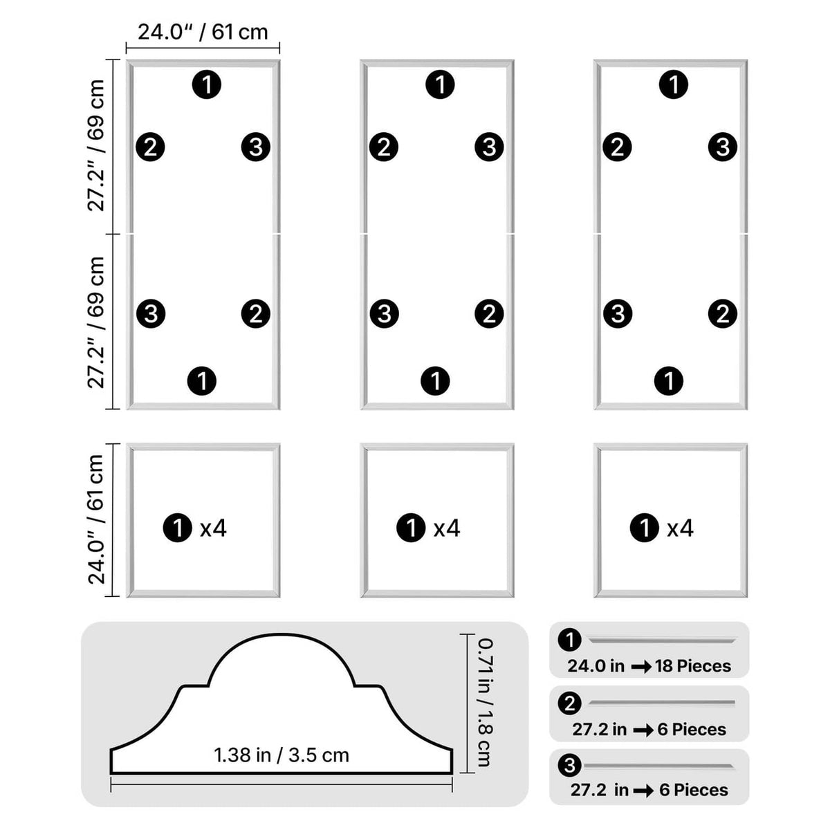 Wall molding 3-set measurement graphic showing tall frames and square pieces