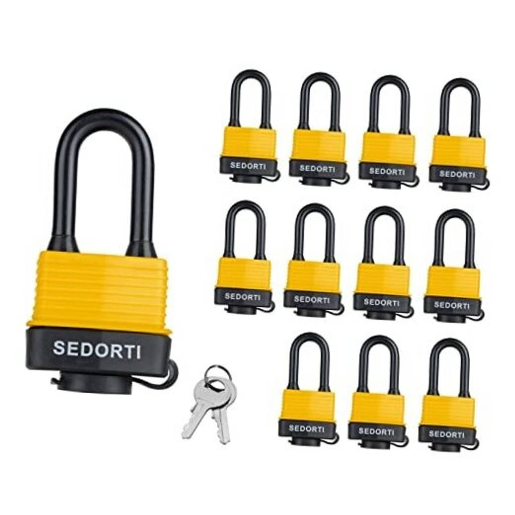 Yellow waterproof padlocks with black U-buckles, multiple pack with matching keys