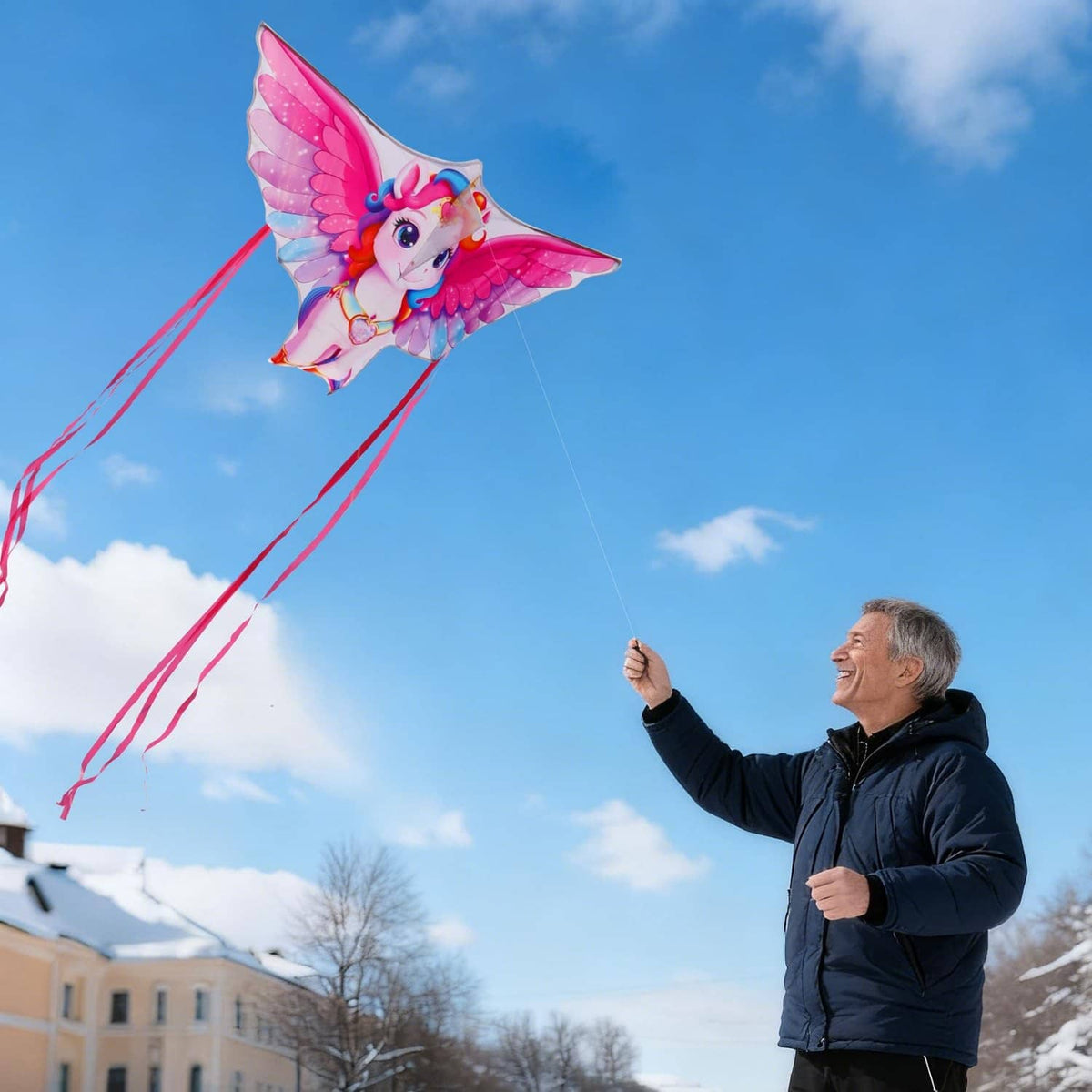 Unicorn kite flying high with pink wings and red ribbon lines attached to handle
