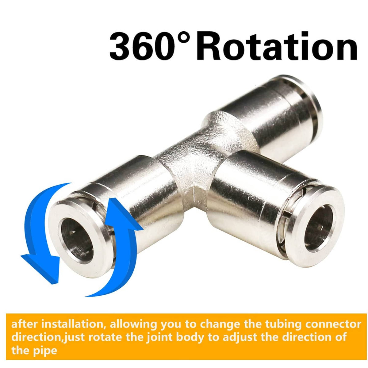 Quick-connect tee fitting with 360° rotation shown at the joint