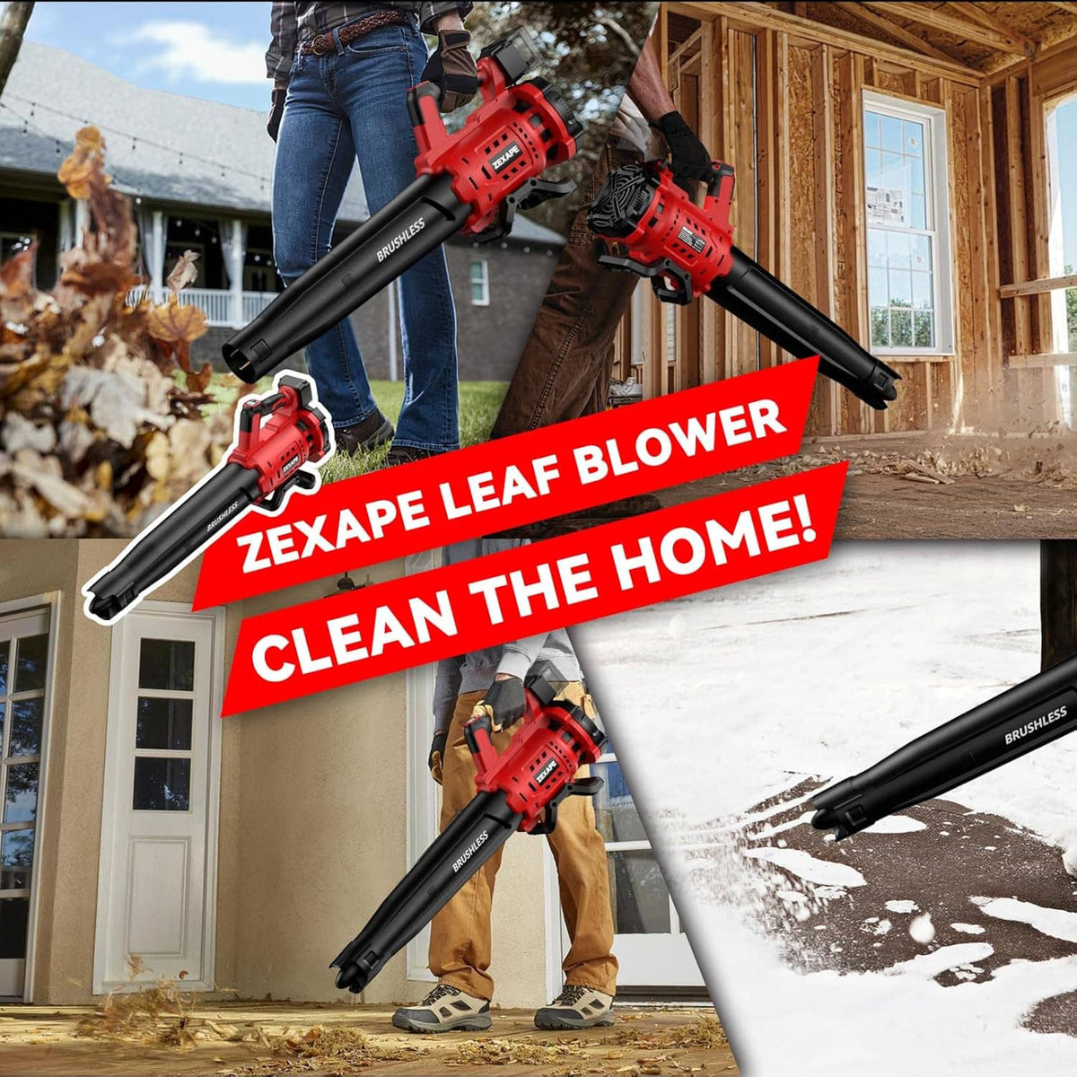 Cordless leaf blower used on a walkway, red housing and black tube with long nozzle