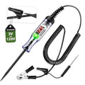 Automotive circuit tester with black probe, coiled cord, and green LED voltage window