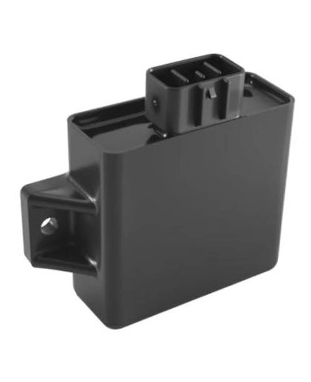 Black ignition CDI box module with mounting tab and multi-pin top terminals