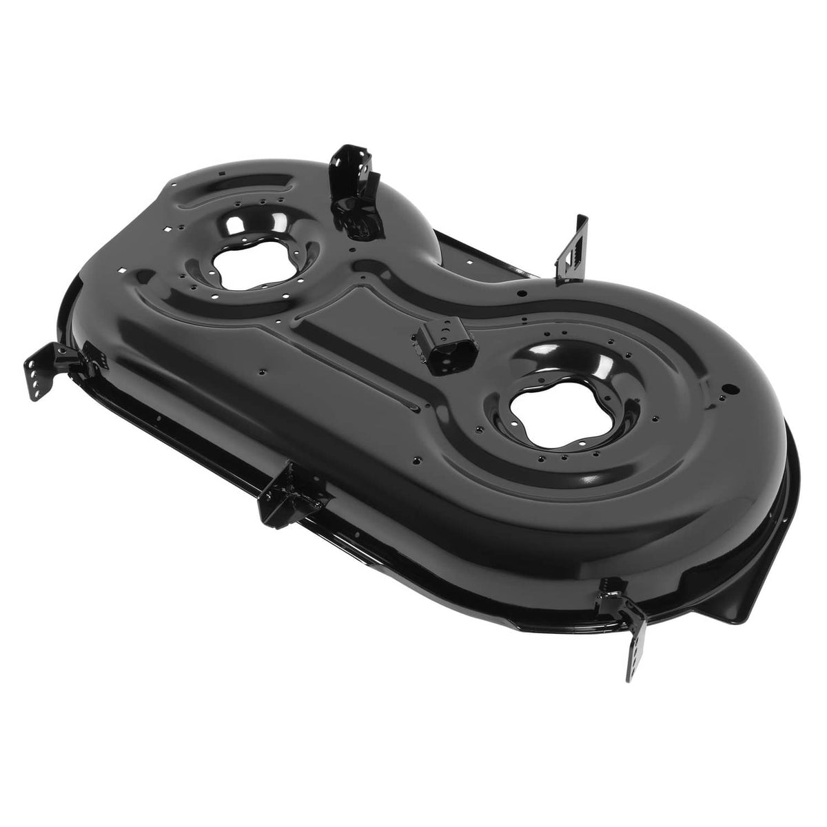 42" cutting deck assembly with black housing, two openings, and hanging lift brackets
