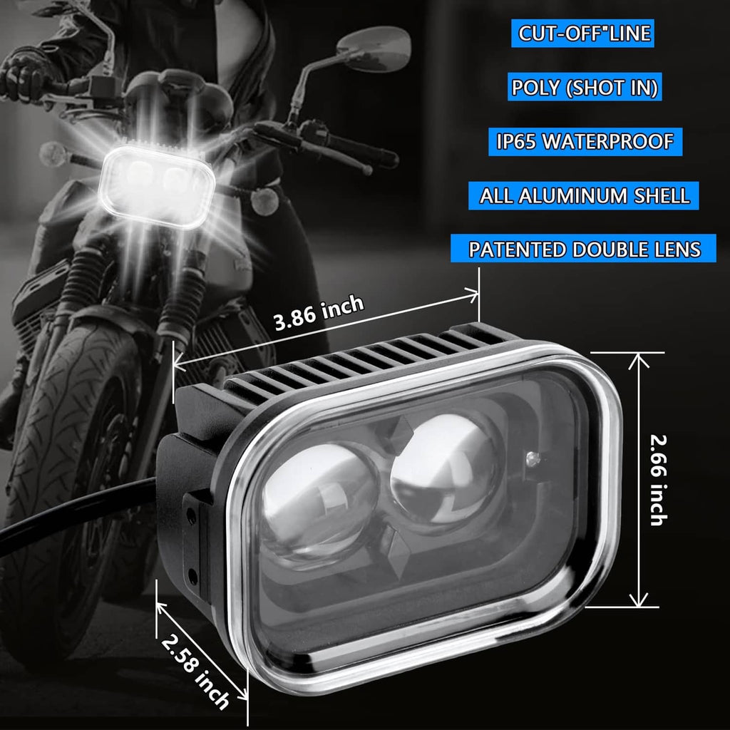 Compact LED driving light with dual lenses in a clear rectangular housing, with size marks