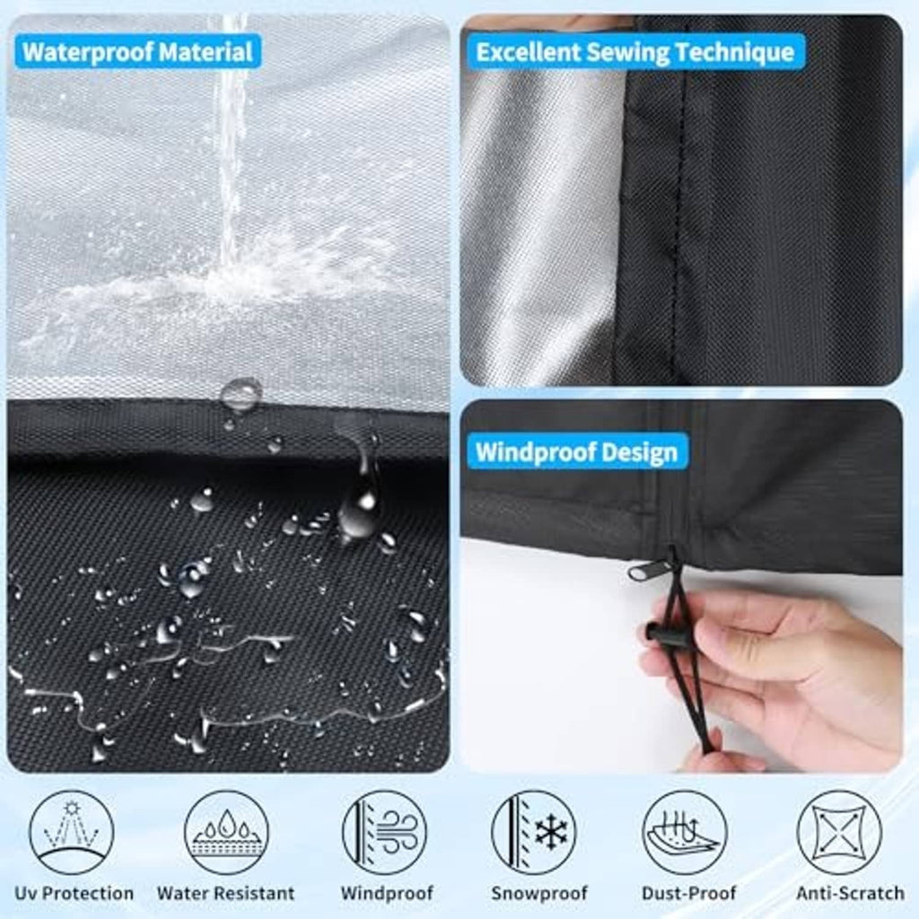 Black waterproof tire cover fabric with reinforced stitching and tie-down design