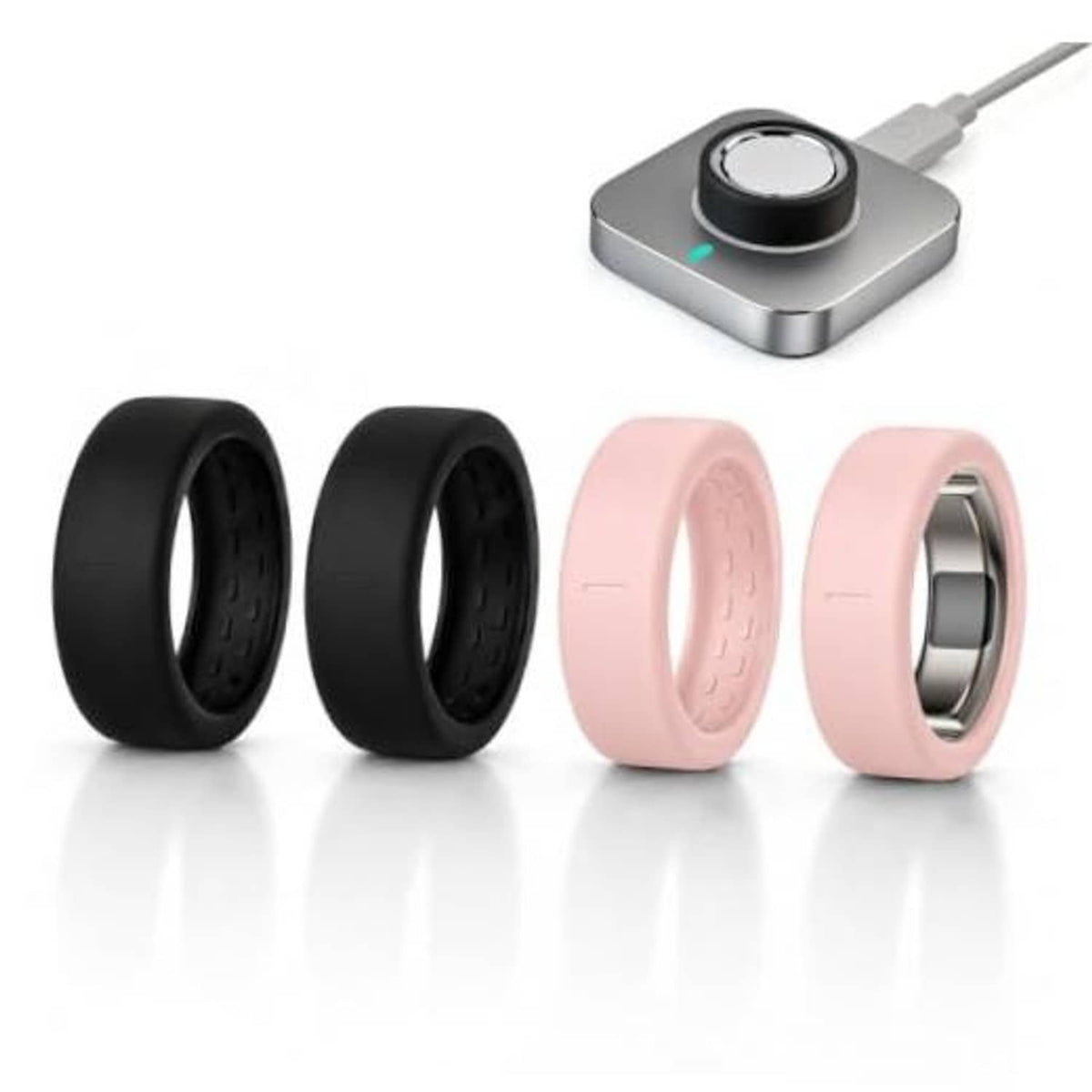 Set of four ring protectors: two black and two pink silicone covers, snug fit style.