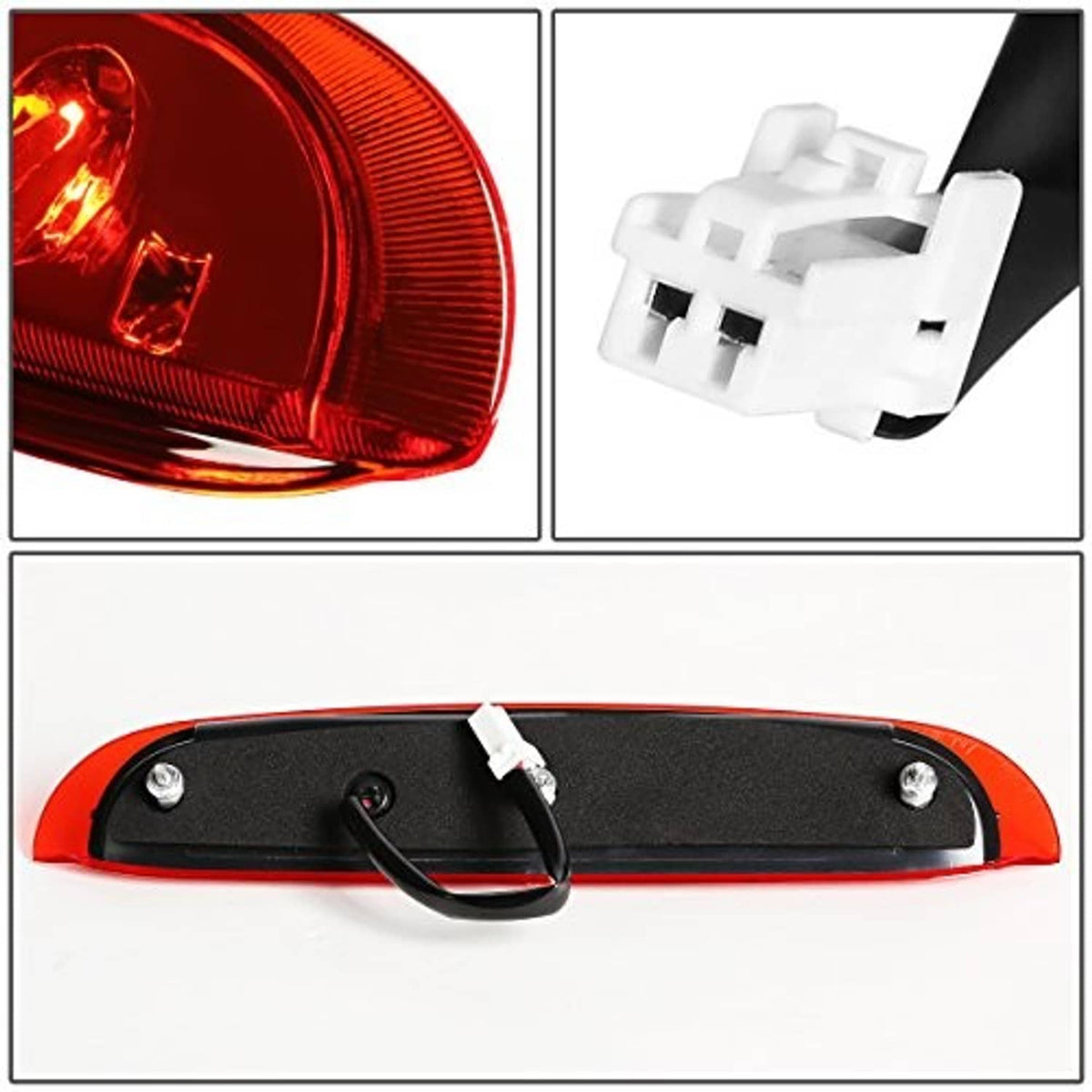 Red third brake light with LED lens, wiring connector, and rear mounting housing