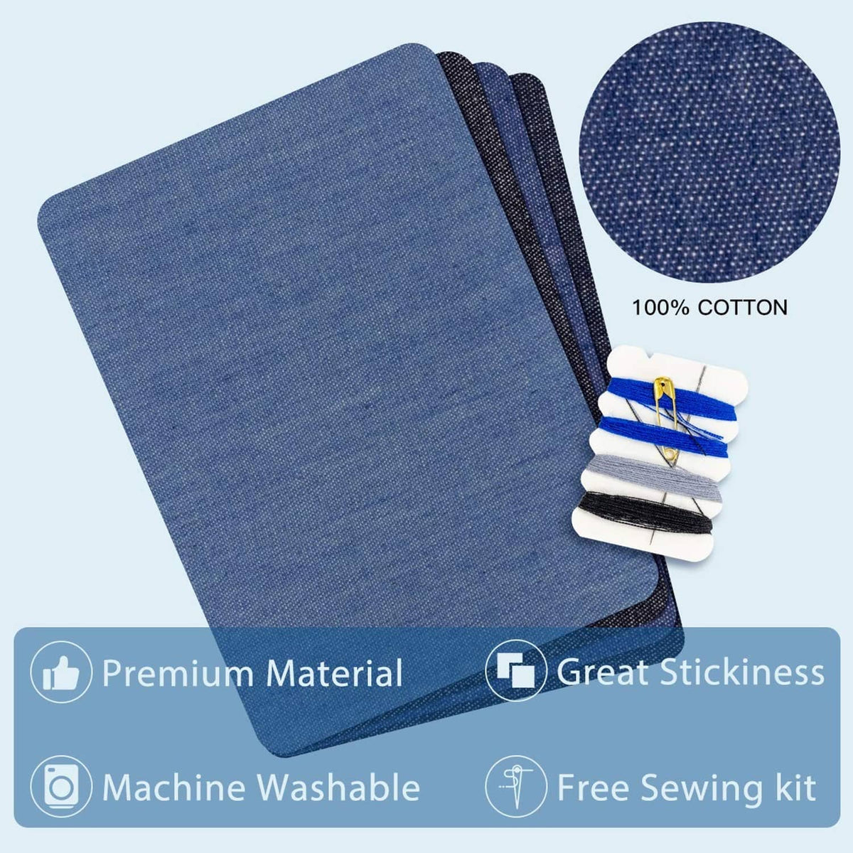 Blue denim iron-on patches set with cotton fabric and small stack of patch cards