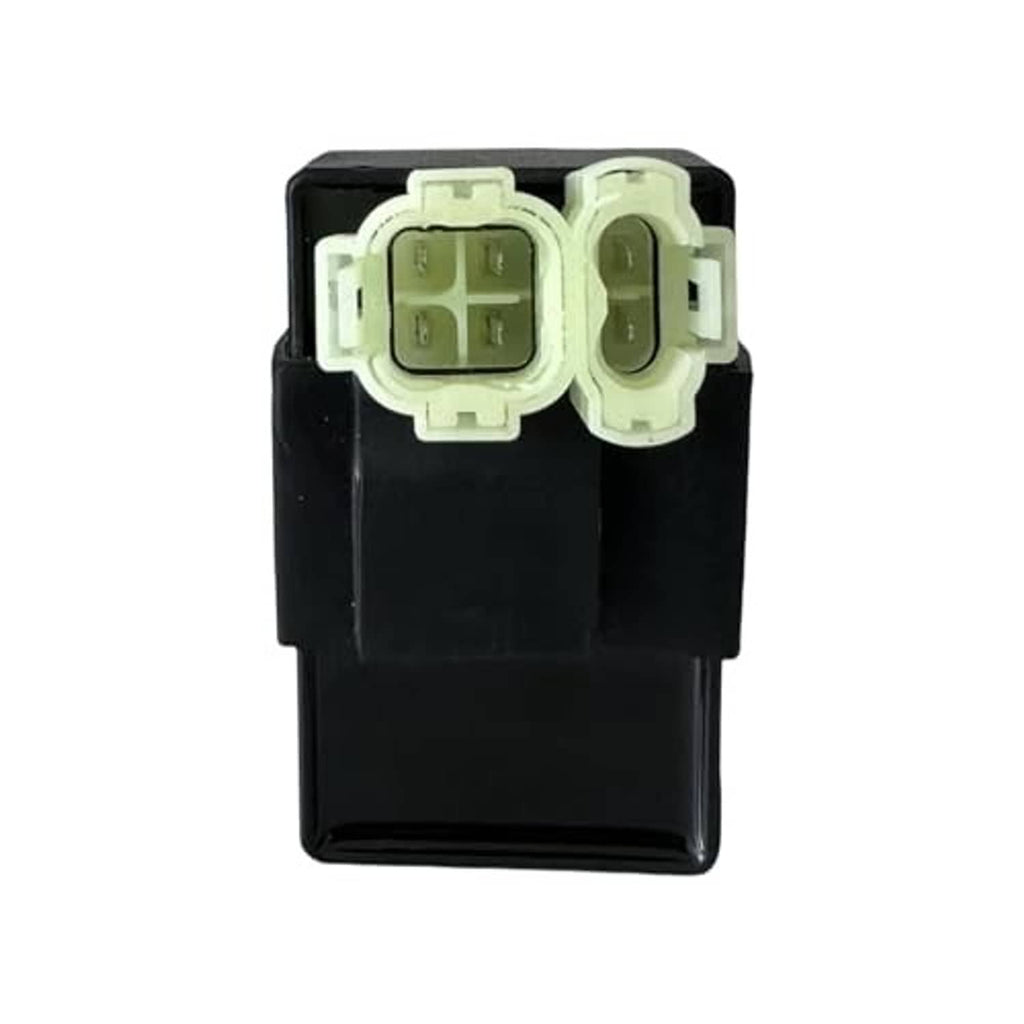 6-pin AC CDI box, front view with pale multi-pin and single-pin plugs