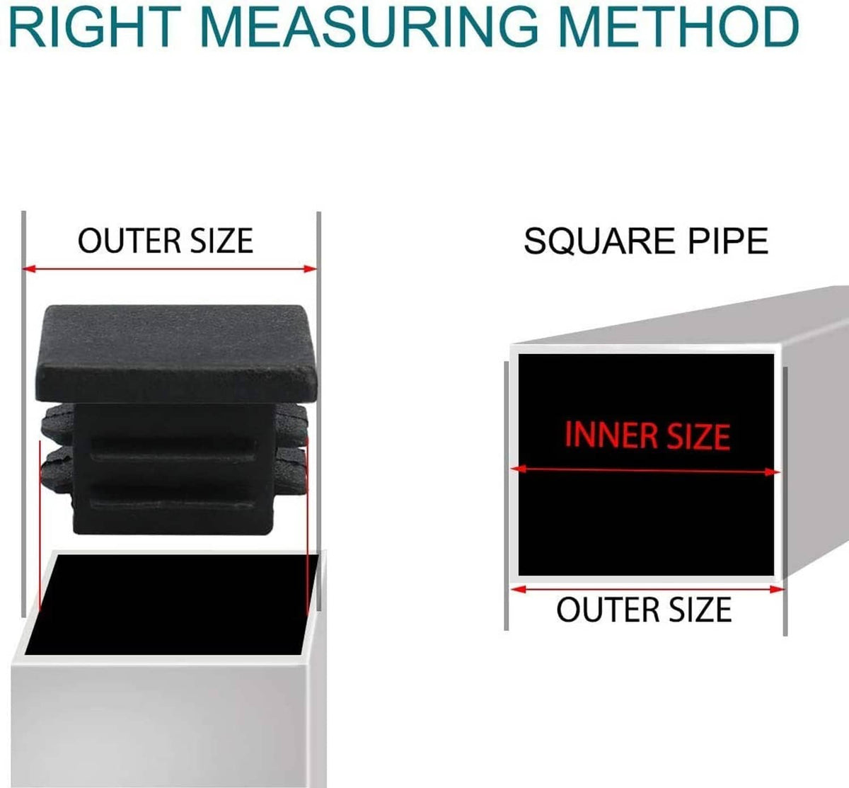 Black square tubing plug cap showing outer and inner size for 3/4 in pipe