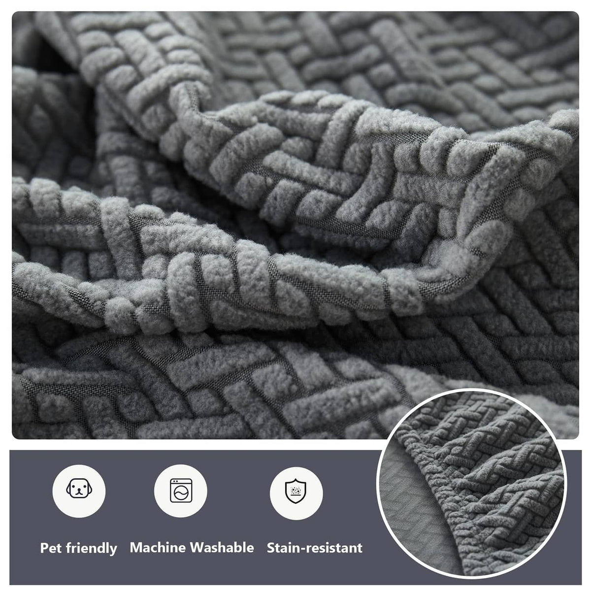 Gray textured cushion cover fabric detail with thick raised pattern and stitching