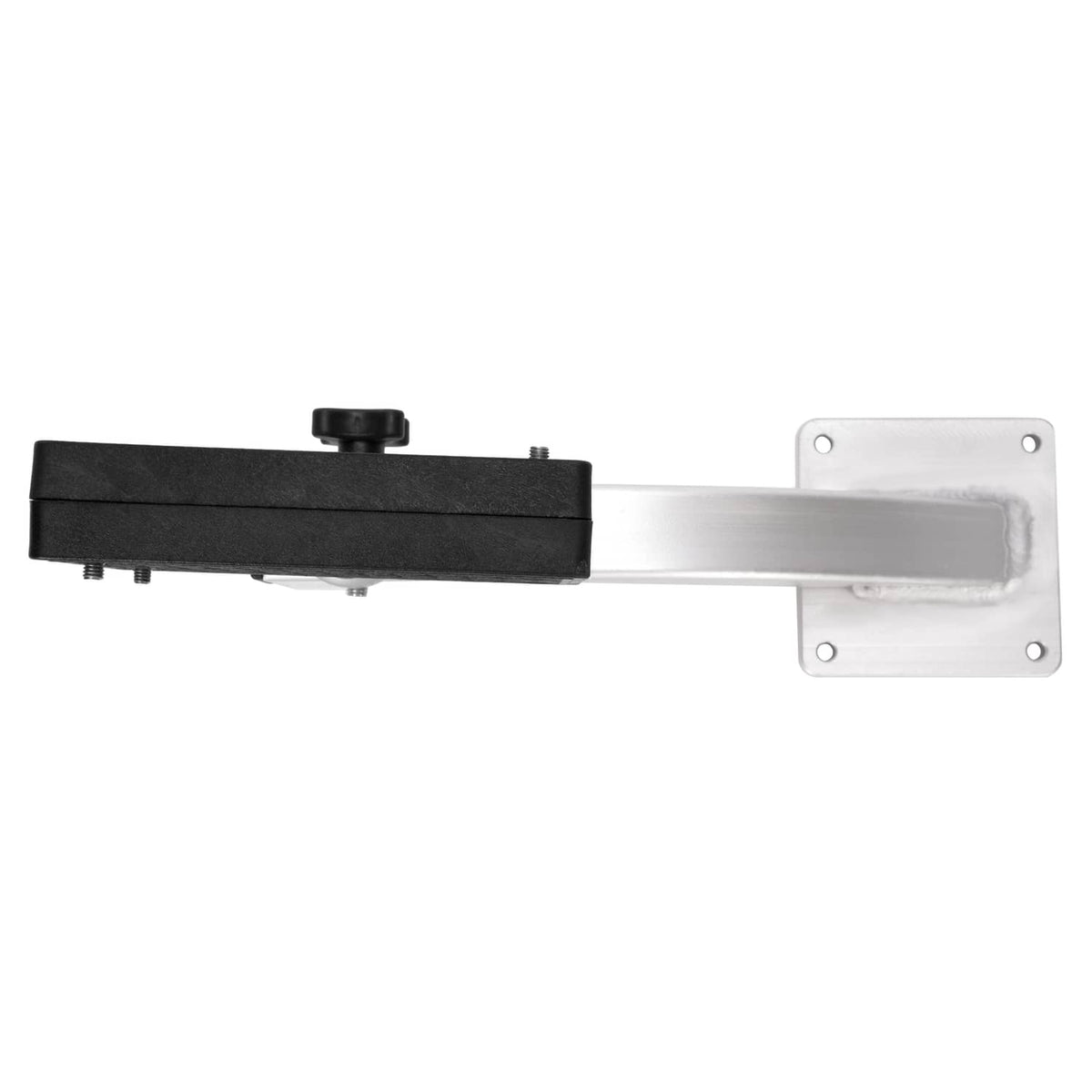 Painted trolling motor bracket with dark mount block, silver arm, and base plate