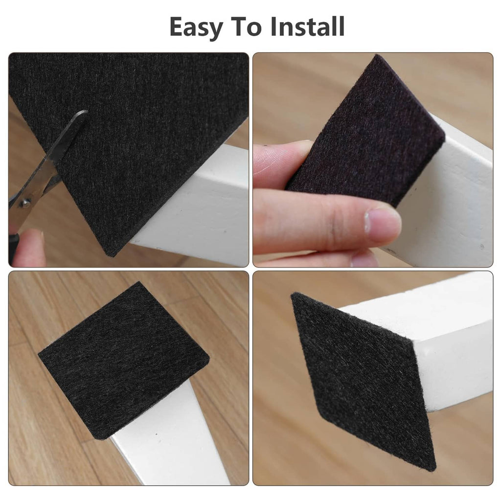 Black square felt pads pressed onto a furniture leg for easy installation