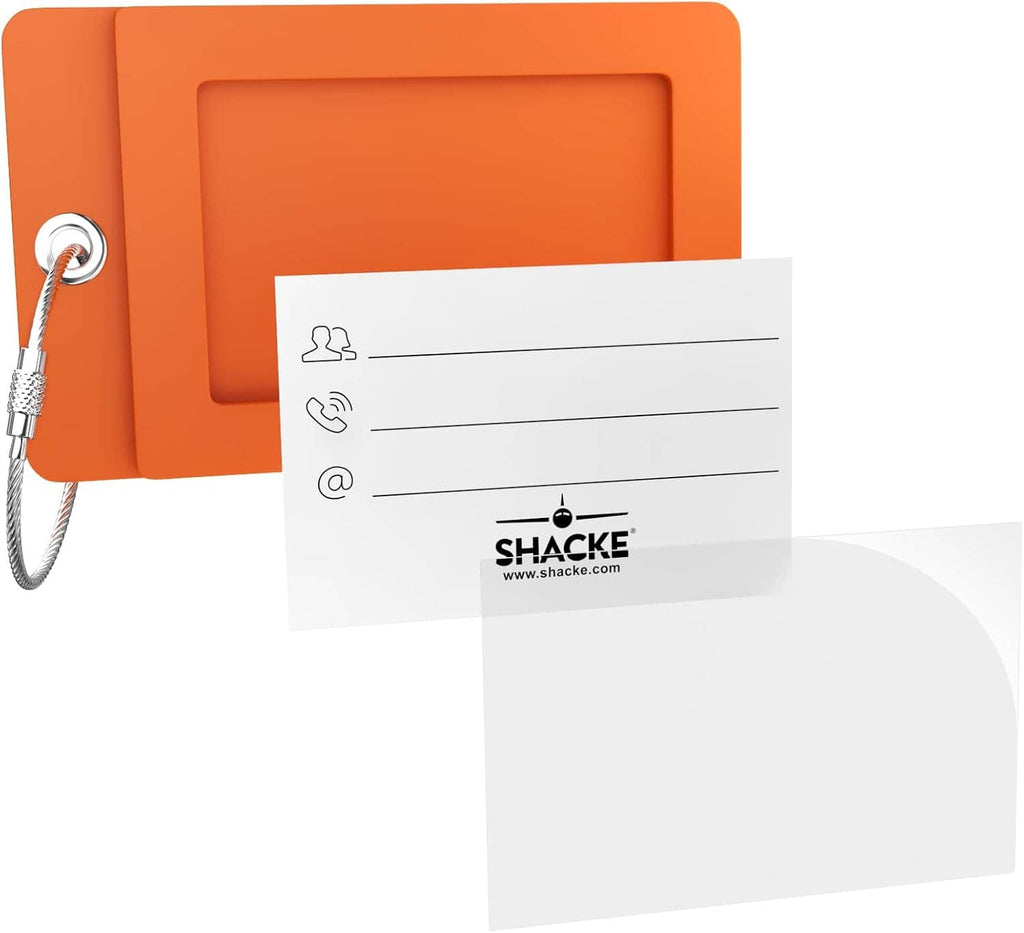 Orange luggage tag with initial D and SHACKE card insert, with metal loop